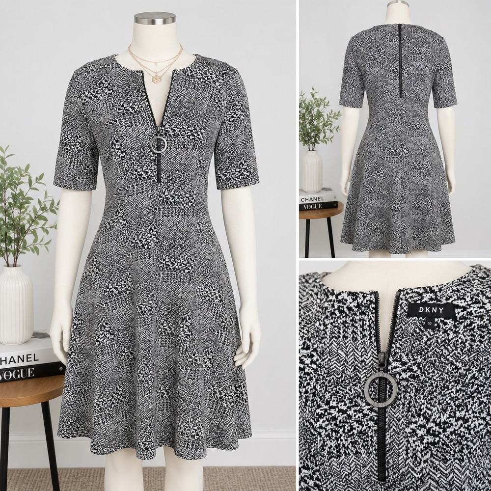 DKNY Black White Fit & Flare Dress S 10 Zip Ring Pull Textured Knit Midi Office - Picture 1 of 9
